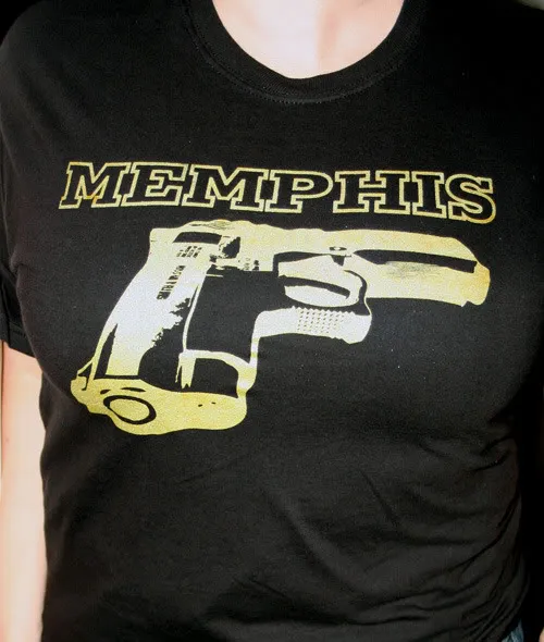 Black T-shirt with printed golden guns